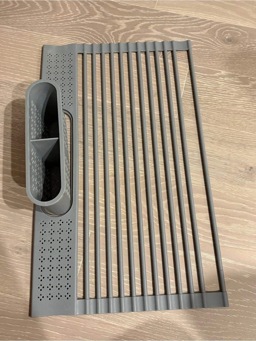 Gray Over-Sink Roll-Up Dish Drying Rack with Utensil Holder